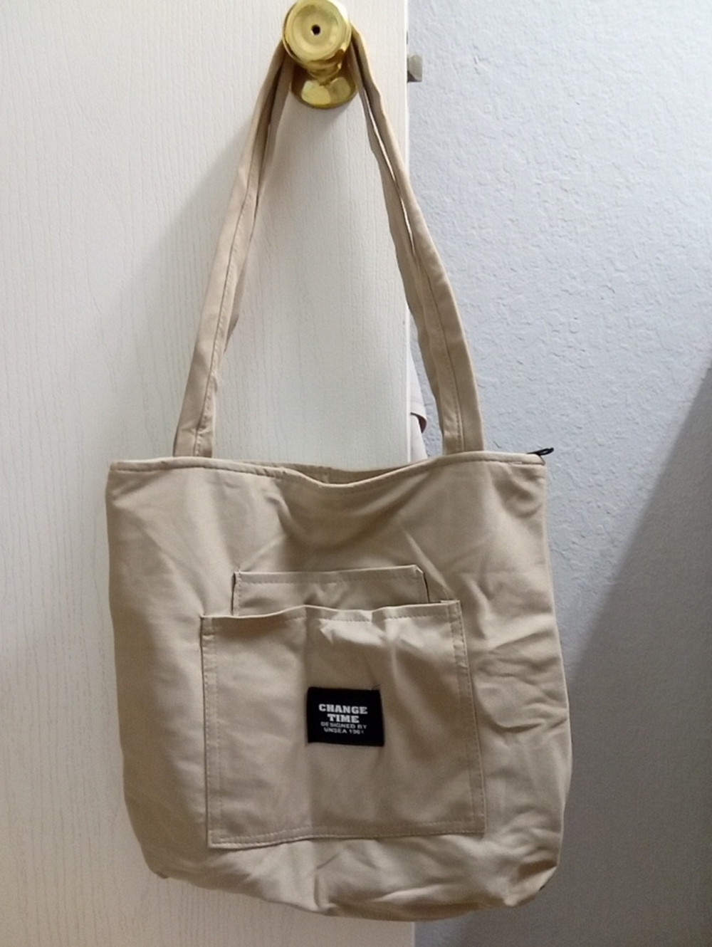 Beige Canvas Messenger Tote with Front Pocket
